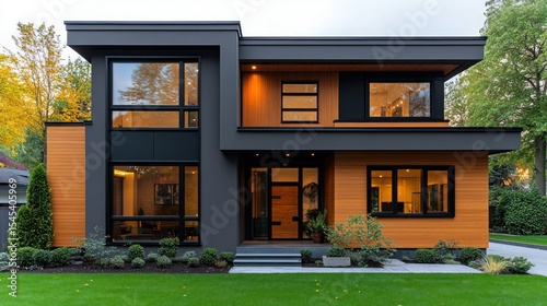 Modern home with dark gray and warm wood siding.  Large windows and a prominent entryway