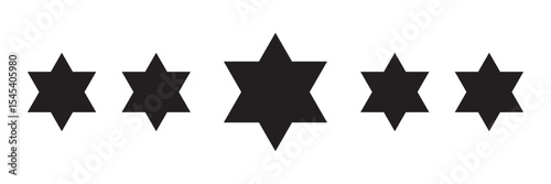 Five-star rating vector icon. Symbol of 5 star where the middle star is big than other stars. Black 5 star ranking icon set. Top quality rating symbol. Five stars review rating vector illustration. 