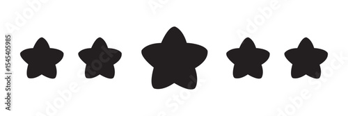 Five-star rating vector icon. Symbol of 5 star where the middle star is big than other stars. Black 5 star ranking icon set. Top quality rating symbol. Five stars review rating vector illustration. 