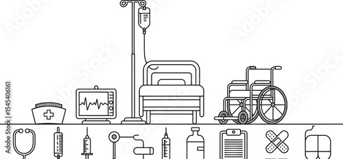 Illustration of hospital equipment including bed wheelchair and medical tools