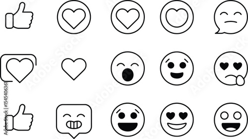 Collection of simple line art icons featuring thumbs up hearts and emoticons