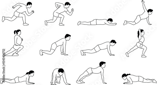 Line art showing various people performing different stretching exercises