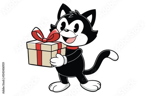 Cheerful cartoon black and white cat carries a gift box wrapped with red ribbon