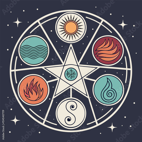 cosmic mandala illustrating the five elements abstract background with circles and stars