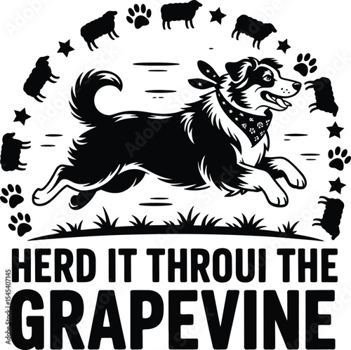 Herding Dog Amidst Sheepish Stars Whimsical Canine Design With Playful Paws and Text Capturing the Essence of Herding and Glee