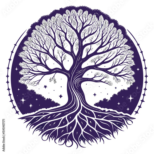 cosmic tree of life mandala with star filled sky vector tree silhouette with leaves