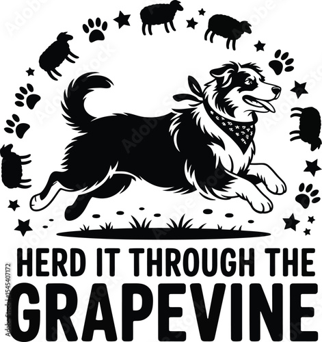 Herding Dog in Action Surrounded by Sheepish Silhouettes Paw Prints and Stars Whimsical Black and White Illustration