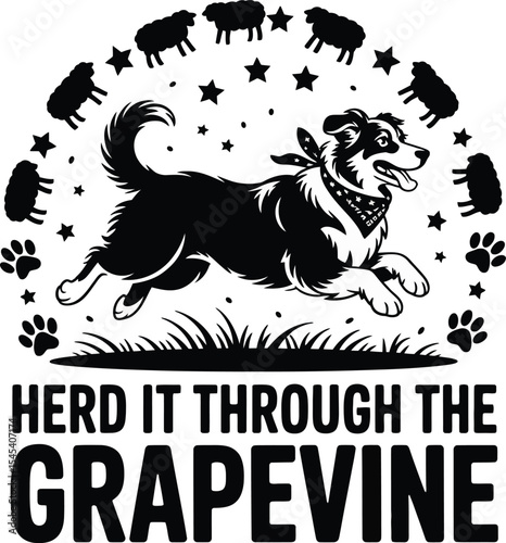 A Border Collie's Day Out Herding Sheep Through the Grapevine A Black and White Silhouette