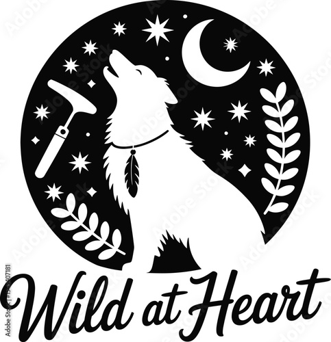 Enchanting Wildlife Emblem Silhouette of a Howling Wolf Under the Moonlit Sky with Stars and Botanical Elements