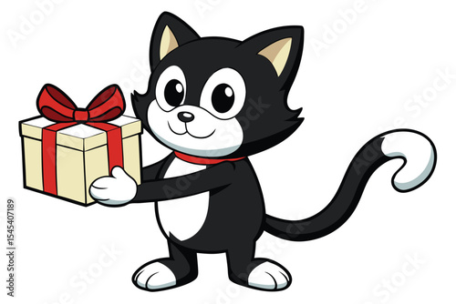 Cartoon tuxedo cat presents a beige gift tied with a beautiful red bow elegantly