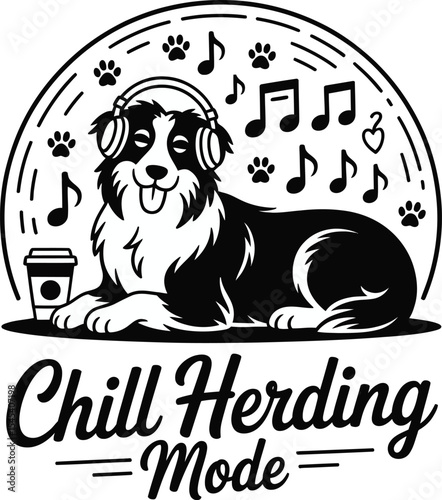 Whimsical Dog Design Featuring a Chilling Herder Listening to Music with Coffee in a Fun, Playful Style