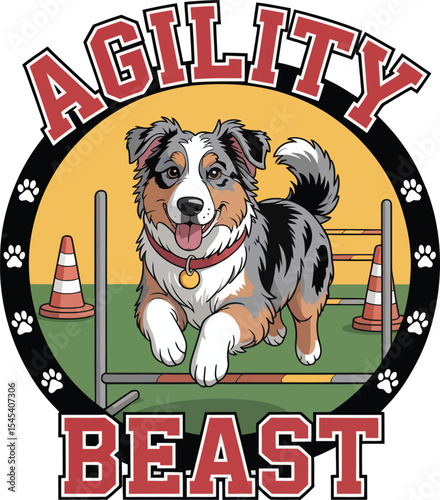 Cartoon Agility Beast Logo Featuring an Australian Shepherd Running Over an Obstacle in an Agility Course with Paw Prints