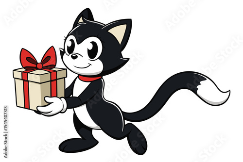 Smiling cartoon cat joyfully carries a present box tied with a bright red ribbon bow