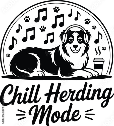 Whimsical Dog Design A Chill Herding Mode Featuring Music Notes and Coffee Cup
