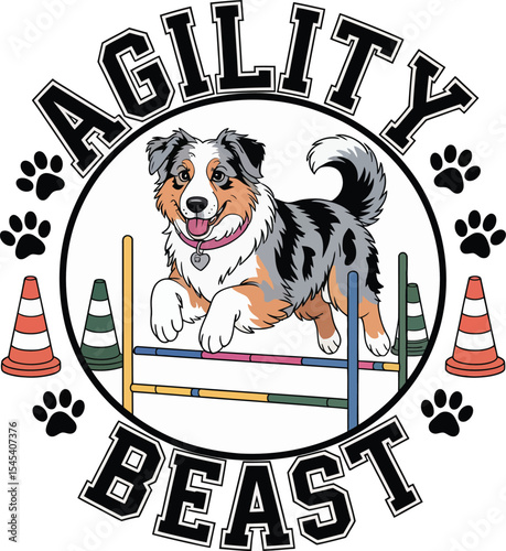 Energetic Australian Shepherd Dog Jumping Over Obstacle In Agility Competition, Surrounded by Paws and Colorful Training Equipment