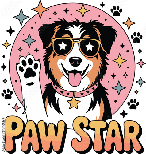 Paw Star Australian Shepherd Dog with Sunglasses and Star Collar, Adorable Cartoon Pet in a Trendy Design