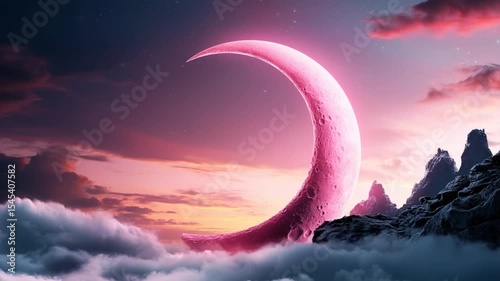 A surreal pink crescent moon rising above fluffy clouds with majestic mountains in the background