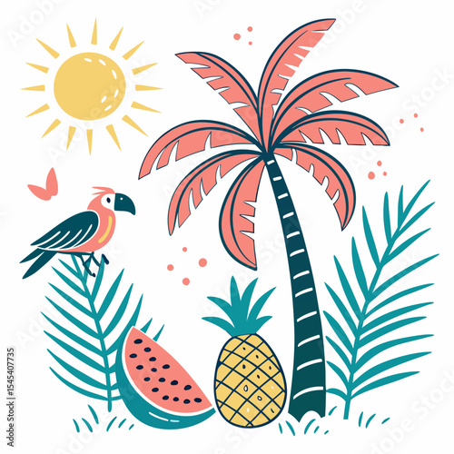 Summer Bright tropical design elements. Print on T-shirts,  Vector illustration