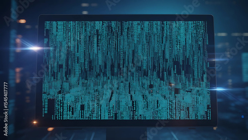 Digital display showing abstract data visualization and cybernetic concepts for tech solutions