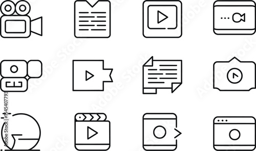 Illustration of various video and multimedia icons in outline style format