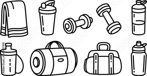 Outline drawing of gym equipment including bags dumbbells and water bottles