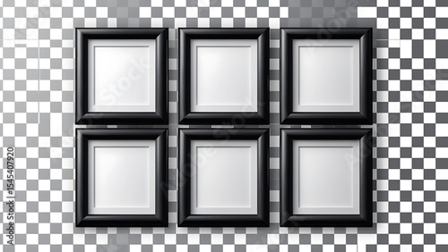 Six empty black picture frames arranged elegantly on a transparent background