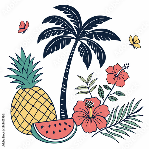 Summer Bright tropical design elements. Print on T-shirts,  Vector illustration