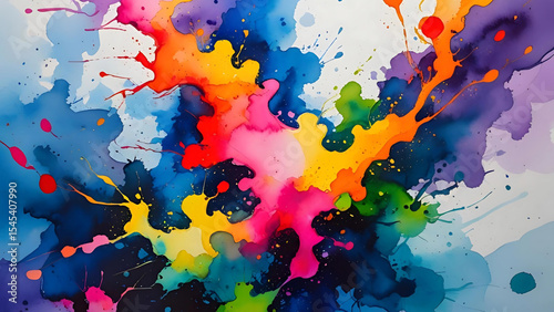 Vibrant abstract watercolor splatters and blots bursting with colorful artistic energy