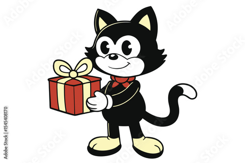 Retro cartoon black cat with red bow tie holds a gift box happily