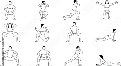 Illustrations of people performing various yoga and stretching exercises