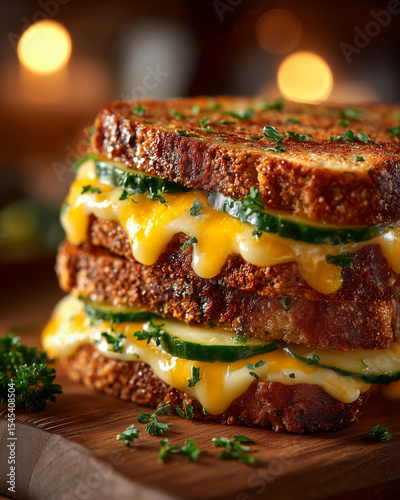 Deliciously stacked pickle sandwich with oozy melted cheese at cozy eatery