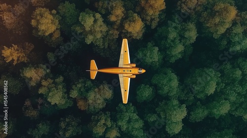 Wallpaper Mural Minimalist aerial view of yellow plane flying above dense forest, symbolizing freedom and harmony. Torontodigital.ca