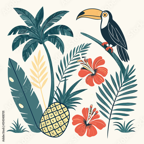 Summer Bright tropical design elements. Print on T-shirts,  Vector illustration