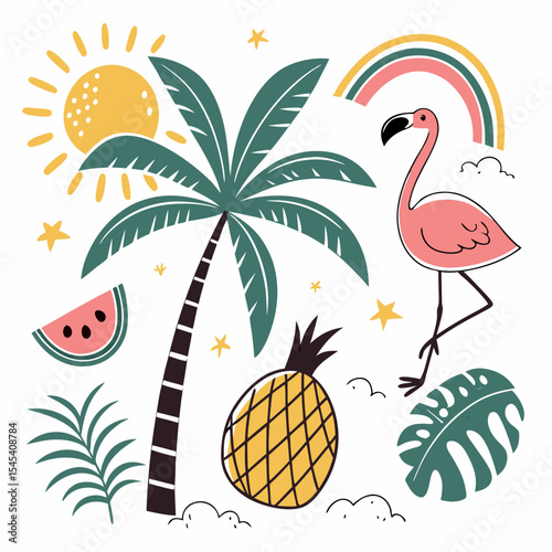 Summer Bright tropical design elements. Print on T-shirts,  Vector illustration