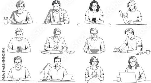 Twelve monochrome illustrations of people using technology at their desks