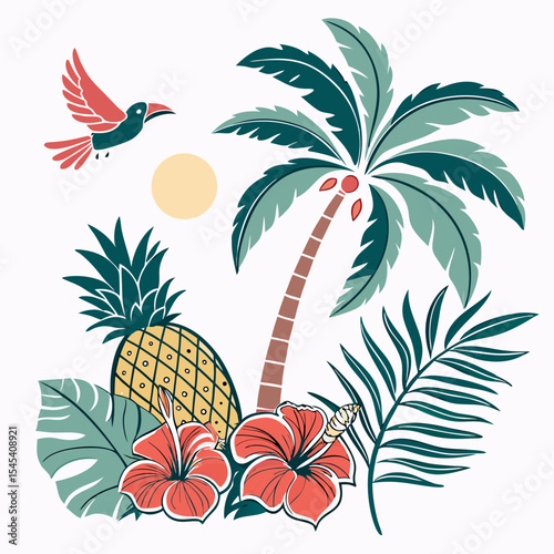 Summer Bright tropical design elements. Print on T-shirts,  Vector illustration