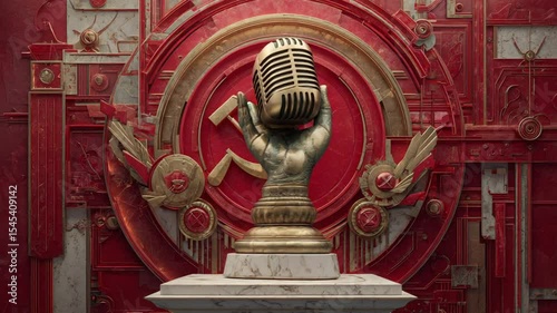 Art Deco Style Microphone on Communist Backdrop: A Vintage Political Statement
