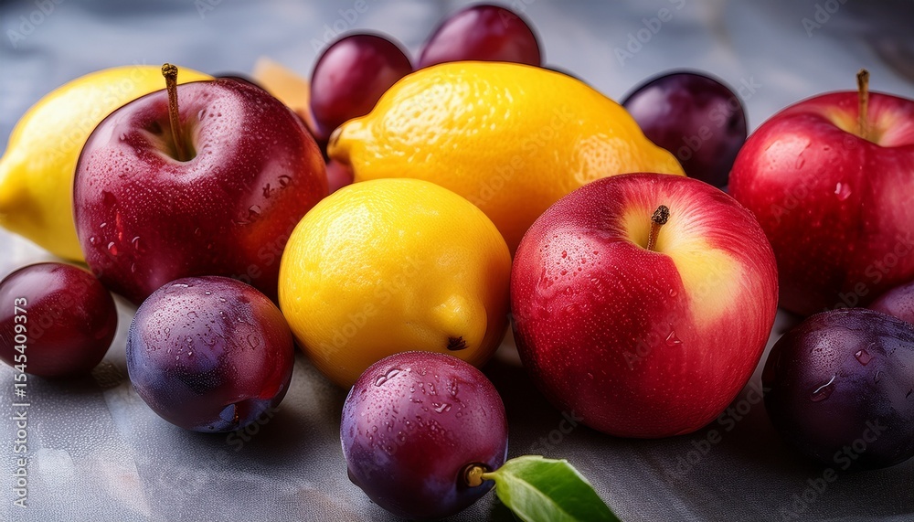 fresh fruits red apples yellow lemons and purple plums close up healthy eating natural produce fresh fruits red apples yellow lemons and purple plums close up healthy eating natural produce