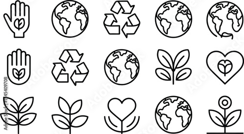 Collection of line art icons representing ecology and environmentalism themes