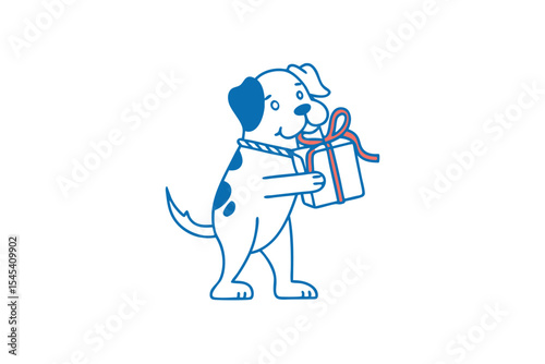 Outlined cartoon dog stands holding a gift wrapped with an orange bow illustration