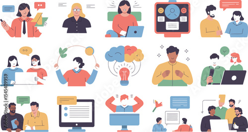 Illustration of people in various work scenarios and communication styles