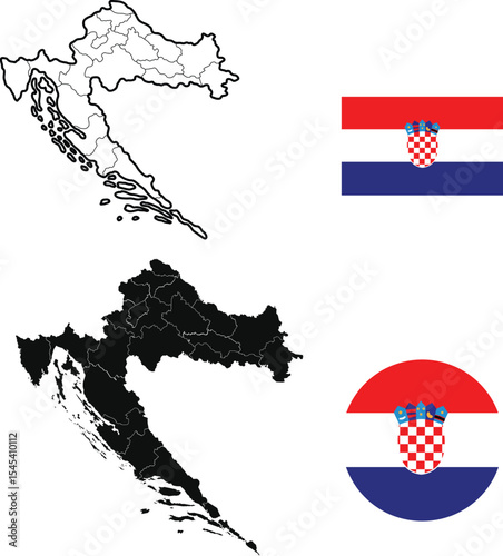 Print Croatia Map – Combined Black Silhouette and Outline Style Vector for Educational, Infographic, and Creative Design Use
