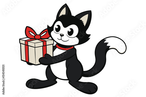 Cartoonish black and white cat carrying a tan present with a red ribbon and bow