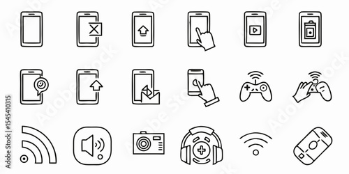 smartphone and mobile device interaction line art icons isolated on white background.