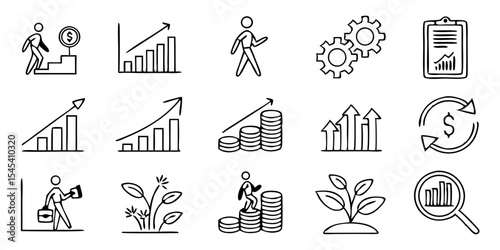 financial growth and business strategy doodle-style line icons isolated on white background.