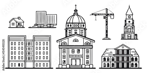 diverse architectural styles and urban elements in a line art illustration of  isolated on white background.