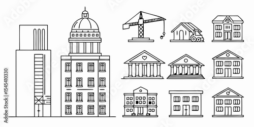 diverse building types and construction elements in line art style isolated on white background.