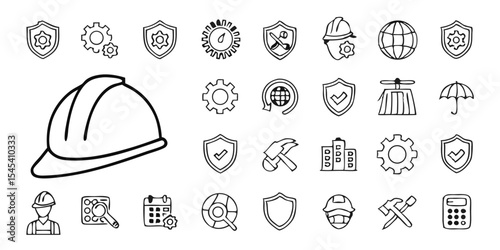 industrial safety and construction engineering line art icons isolated on white background.
