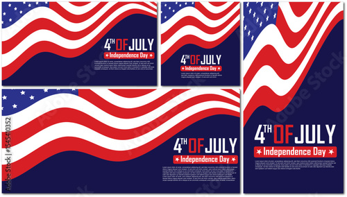 Set of Independence Day celebration banners and greeting cards for the 4th of July Collection of waving American flags on a blue background, with festive, vector illustration style, ideal for the USA