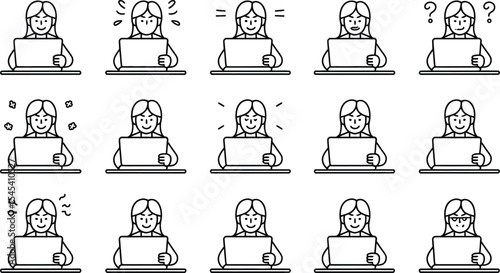 Various line art illustrations of a woman using a laptop expressing emotions